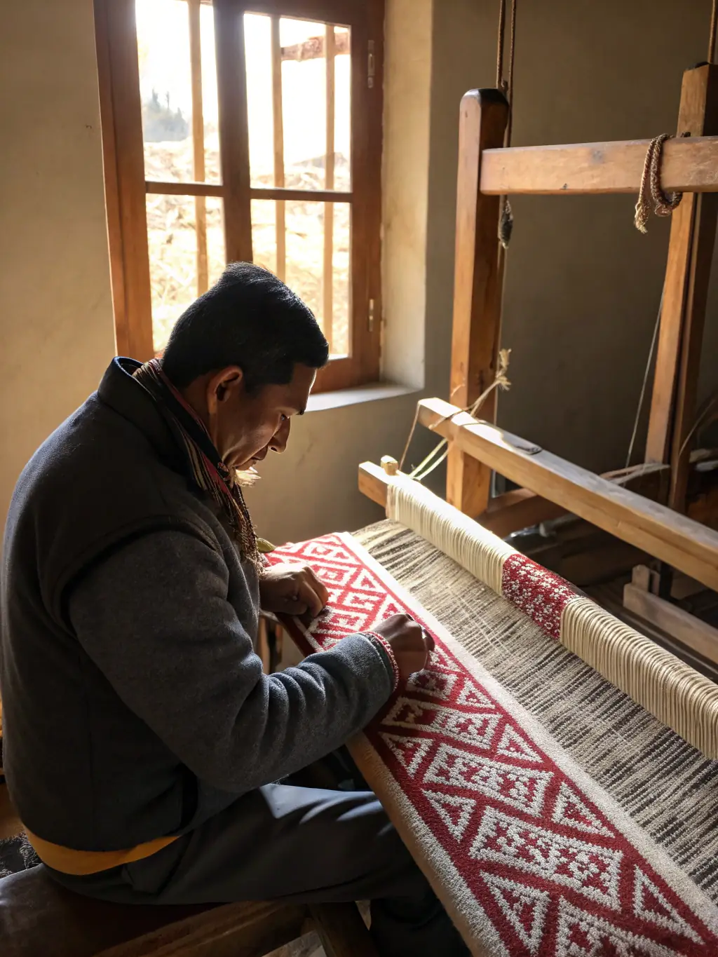 A photograph showing a group of people weaving on traditional looms, creating colorful textiles with intricate patterns. An elderly weaver is demonstrating a technique to a younger participant. The workshop is filled with yarn and fabric samples.