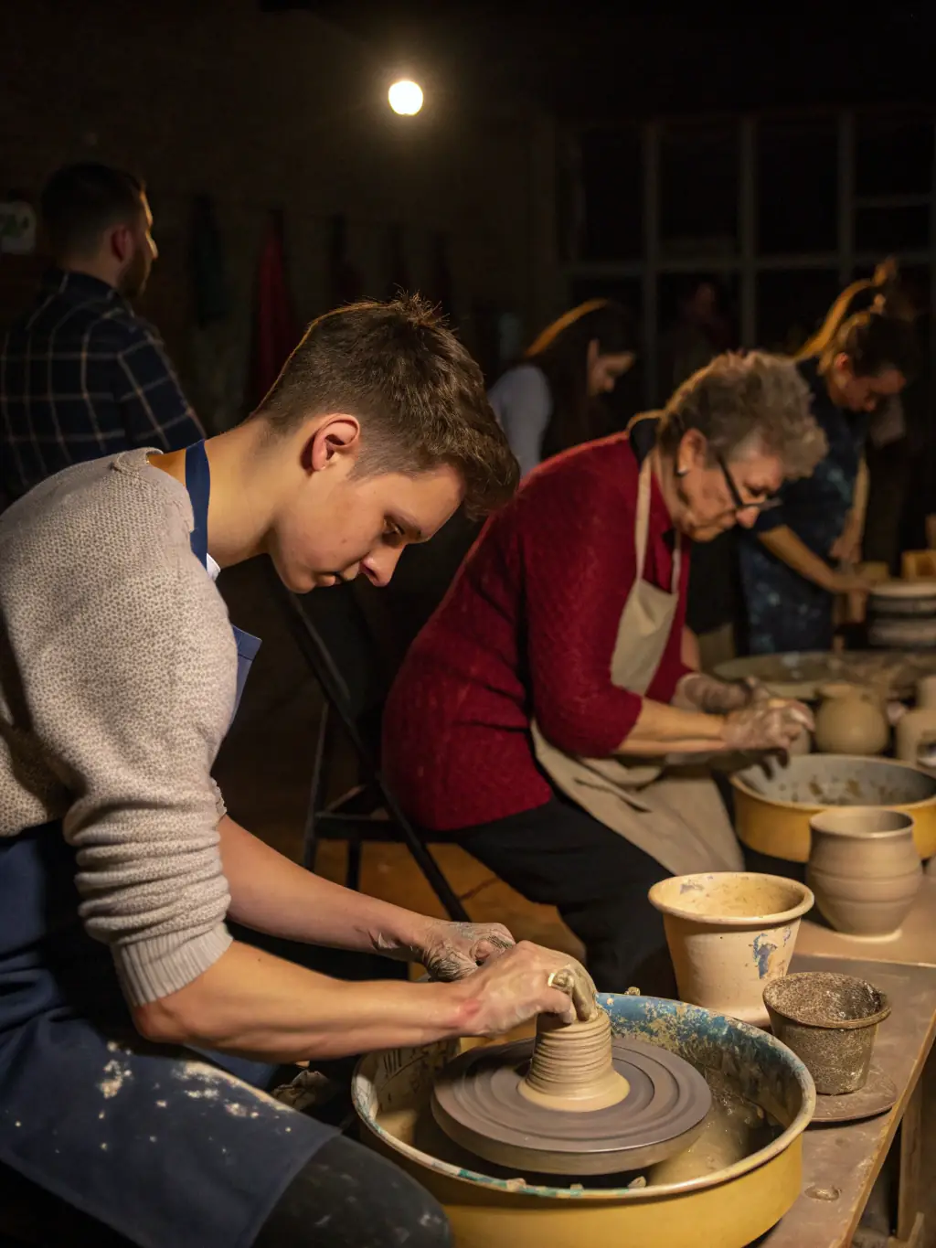 A photograph depicting a pottery workshop in progress, with participants of various ages learning to shape clay on a spinning wheel, guided by an experienced local potter. The setting is a rustic studio filled with pottery tools and finished pieces.