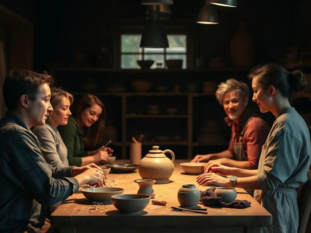 A vibrant image depicting participants of all ages engaged in a pottery workshop, showcasing the hands-on learning experience and intergenerational connection.