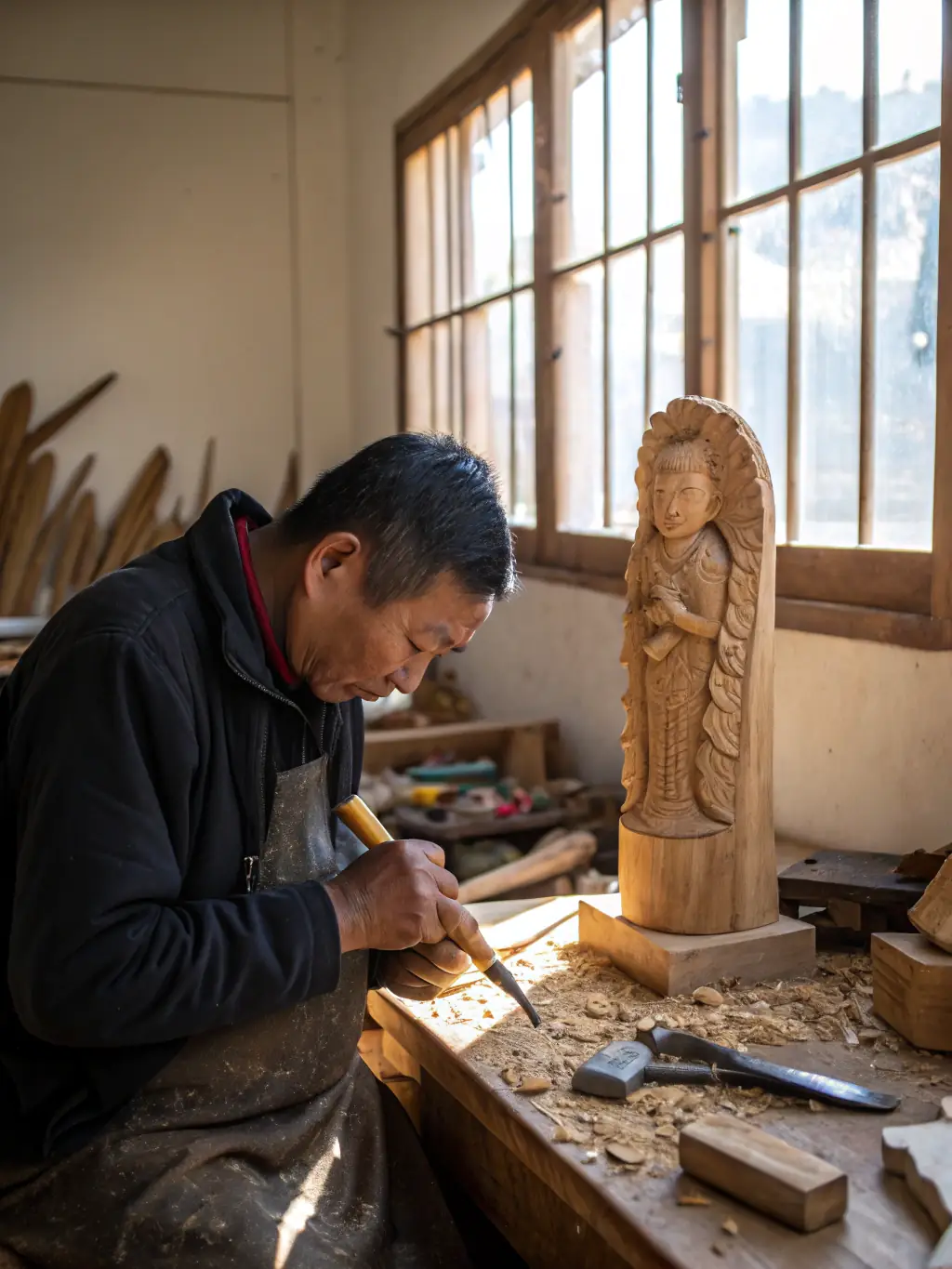 A photograph of a wood carving demonstration, with a skilled artisan using chisels and gouges to sculpt a detailed figure from a block of wood. The workshop is filled with wood shavings and examples of finished carvings.