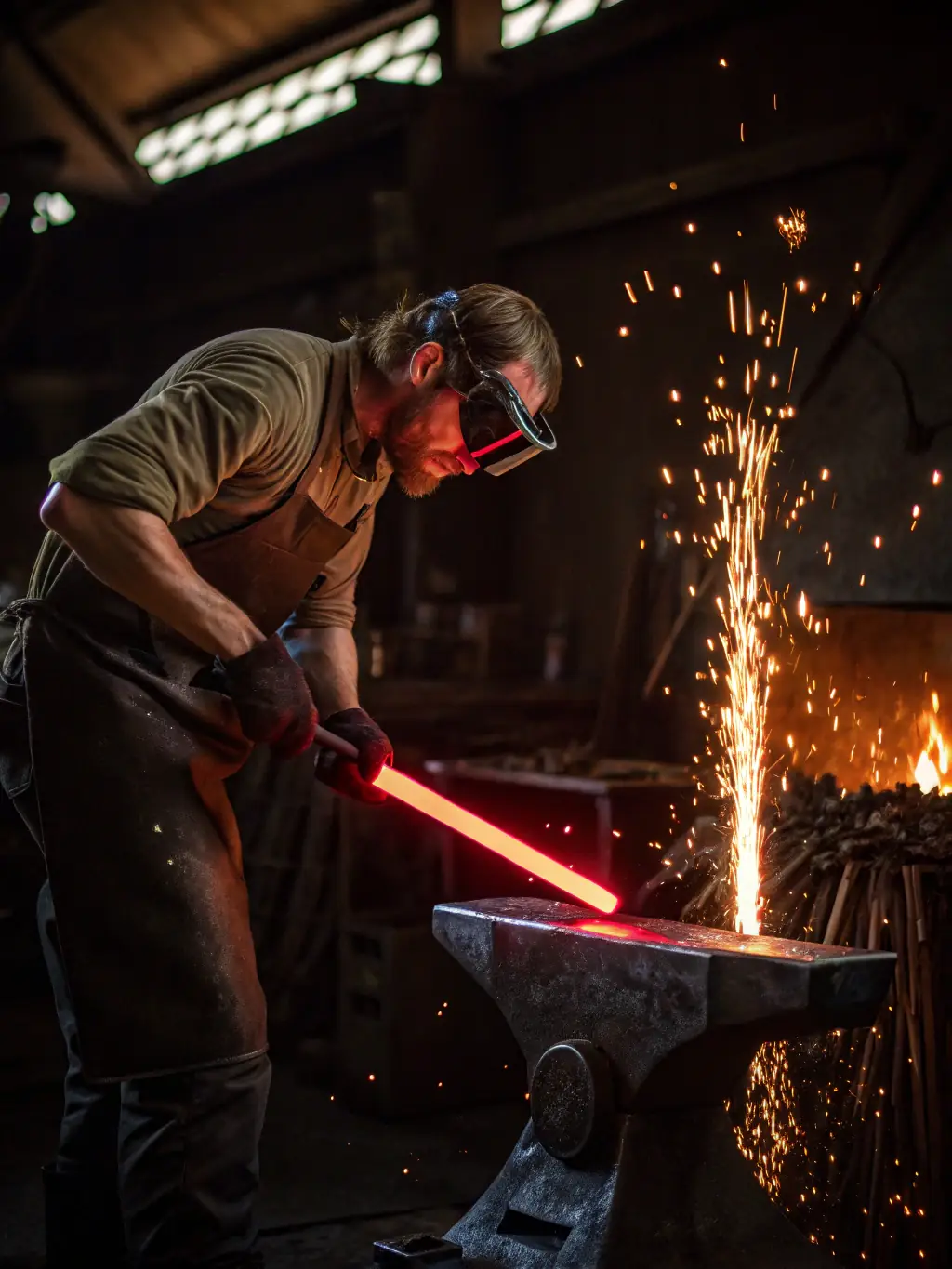 A photograph of a blacksmith at work in a forge, hammering a piece of red-hot metal on an anvil. Sparks are flying as he shapes the metal with precision. The forge is filled with tools and equipment.
